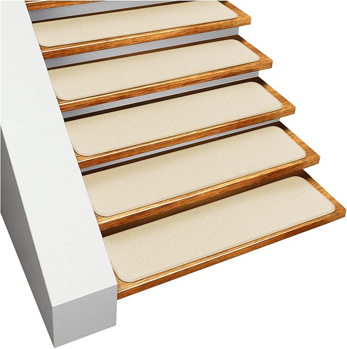 Set of 15 Skid-Resistant Carpet Stair Treads - Ivory Cream - 8 Inches X 30 Inches