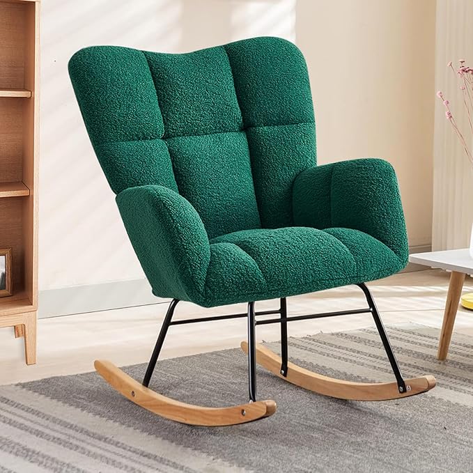 Nursery Rocking Chair, Teddy Upholstered Glider Rocker with High Backrest Armchair