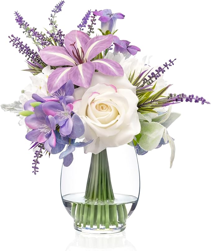 Fake Flowers in Vase with Fake Water, Realistic Faux Silk Blue Rose Hydrangea Artificial