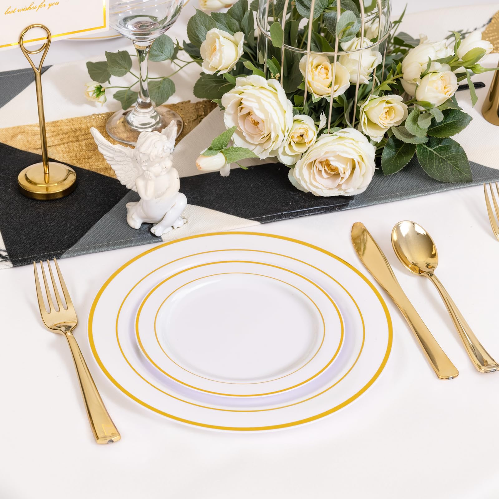 200PCS Gold Plastic Plates Disposable - 100 Dinner / 100 Dessert Plates Heavy Duty