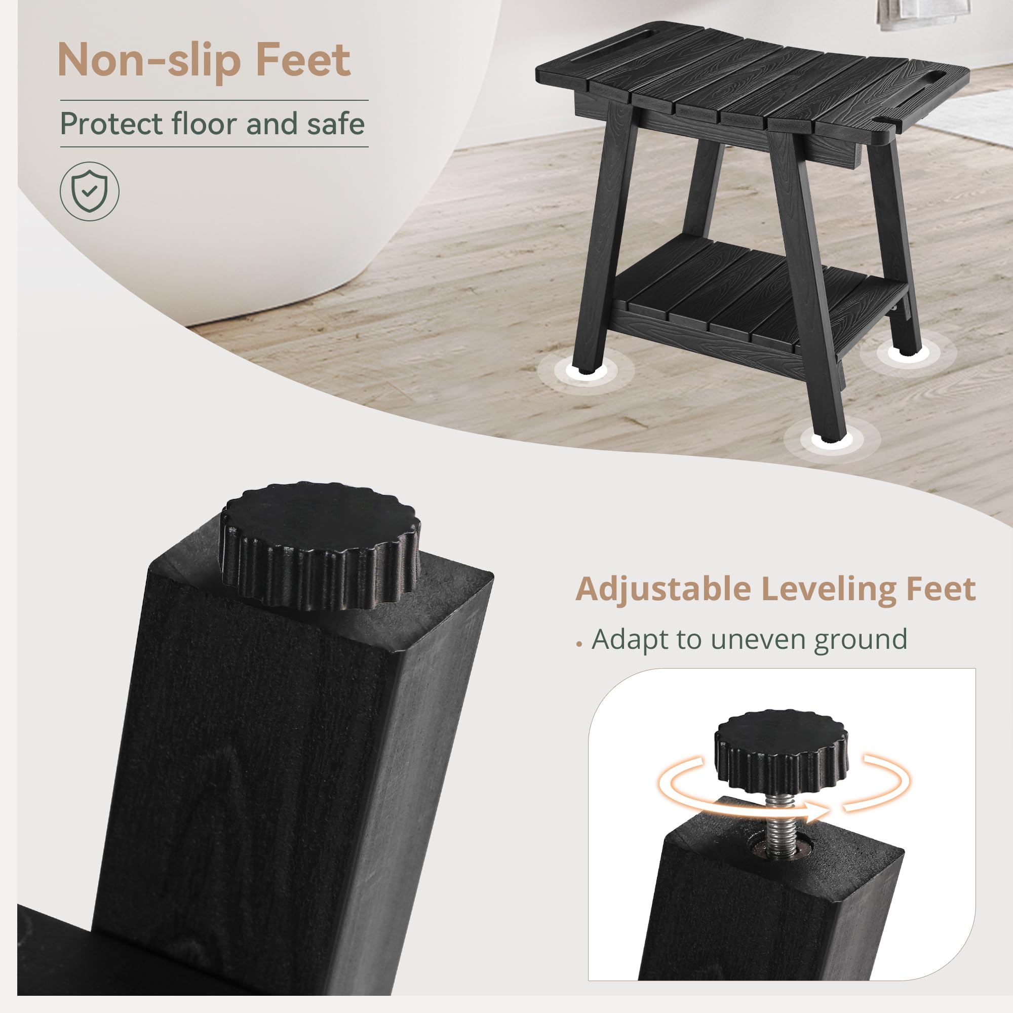 LUE BONA Shower Bench, HDPS Shower Seat with Storage Shelf, Waterproof Shower Chair, Non-Slip Shower Stool for Adults, Elderly, Disabled, Seniors, Large Size, Black