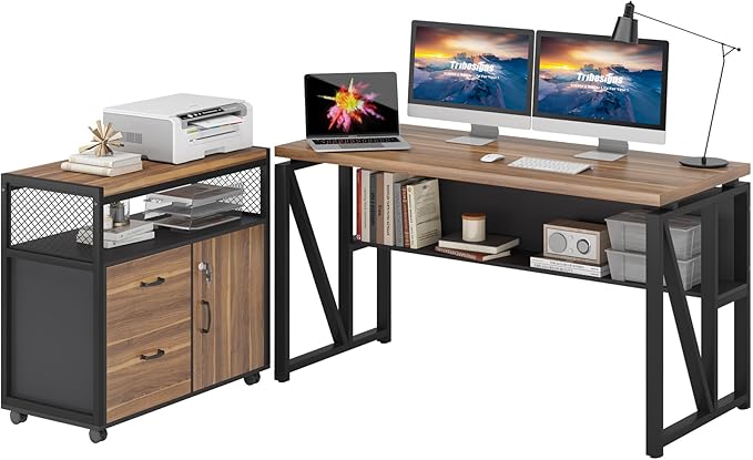 63" Executive Desk with Reversible File Cabinet, Large L-Shaped Office Desk