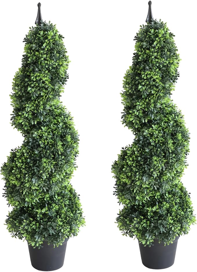 Artificial Topiaries Outdoor Boxwood Topiary Tree, Faux Spiral Topiary Trees 3ft (2 Pieces