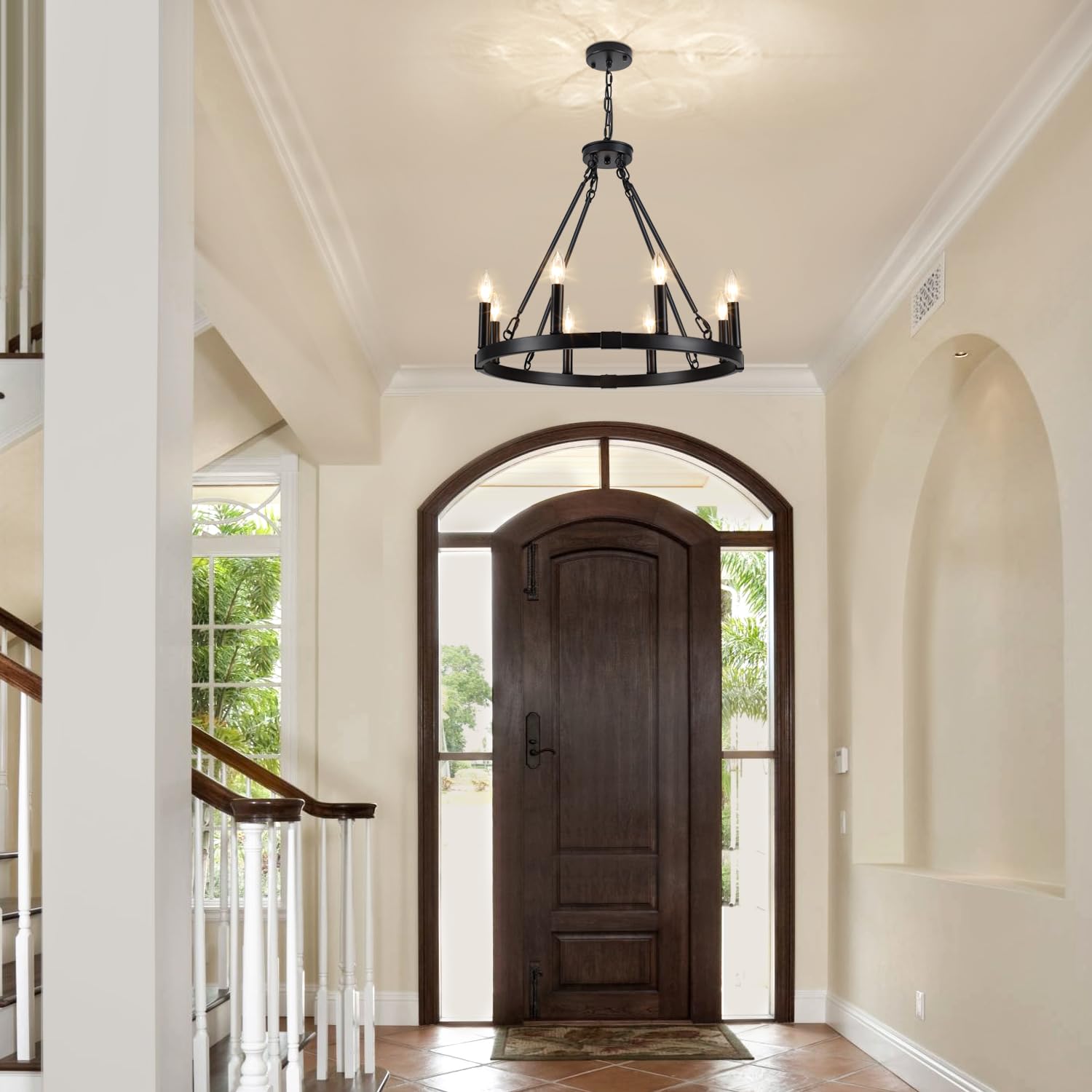 8-Light Wagon Wheel Chandelier, Black Farmhouse Chandelier for Dining Room