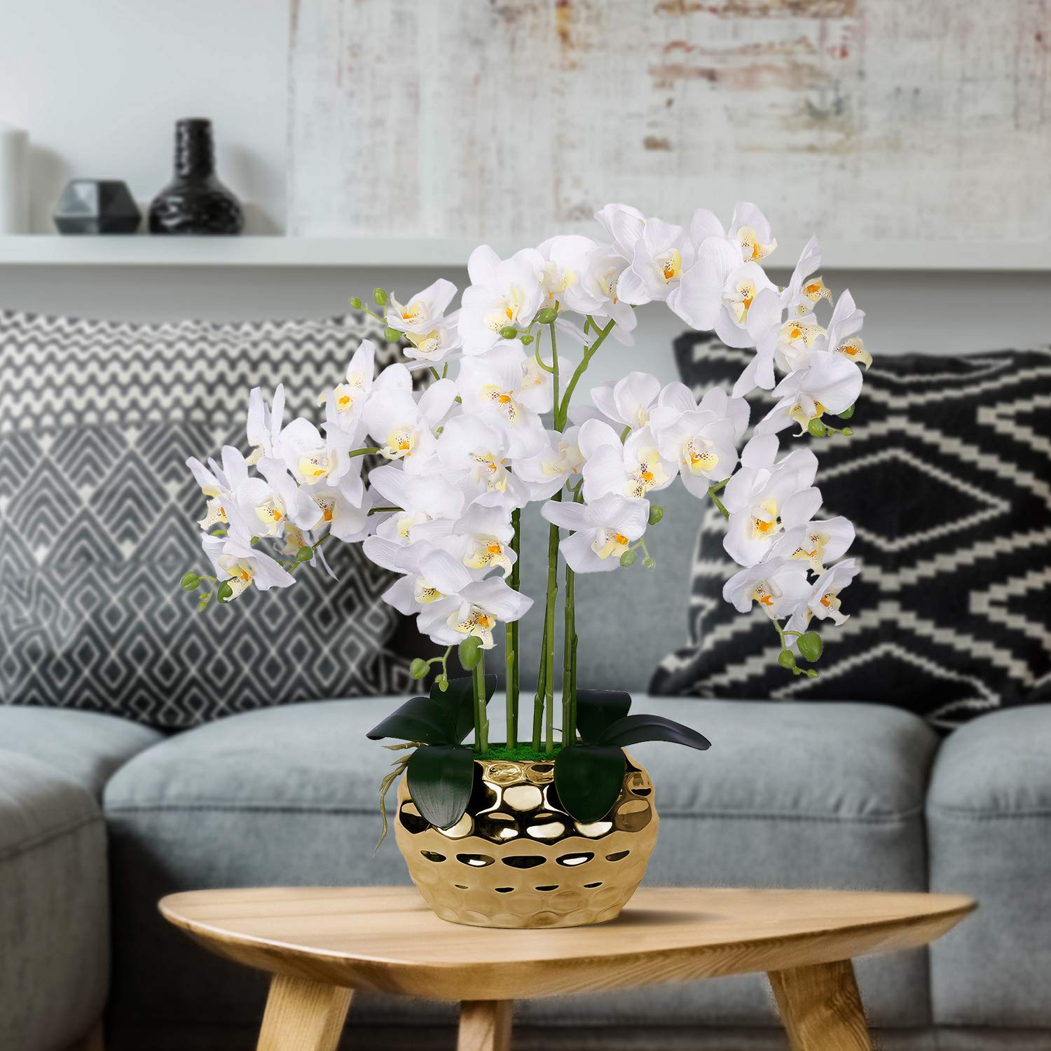 Artificial Orchid in Gold Vase White Silk Faux Orchid Plant in Gold Pot Fake Flower