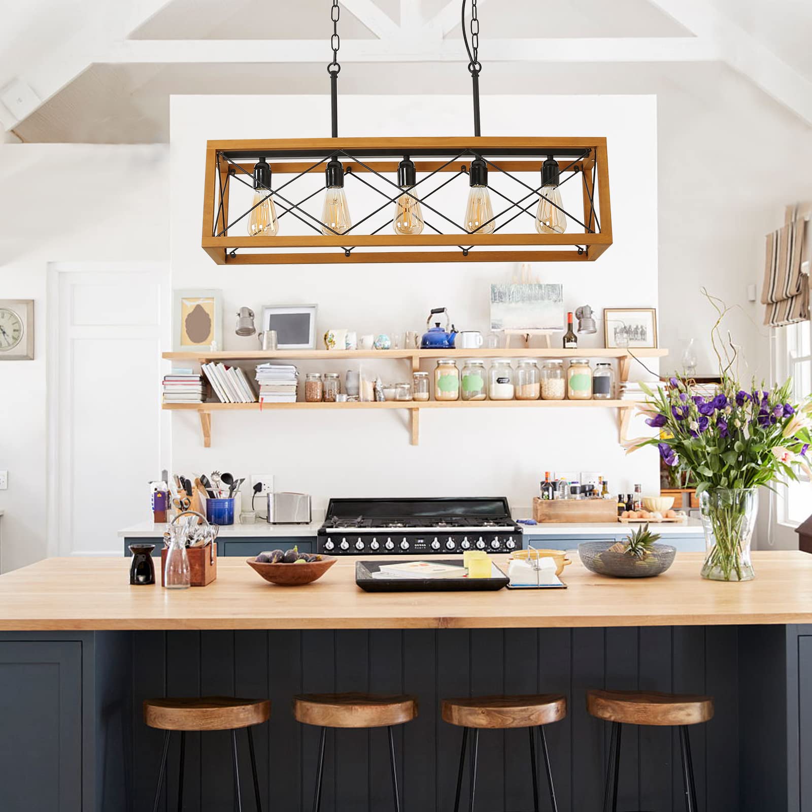 Rustic Kitchen Light Fixtures, Farmhouse Chandelier with Detachable Plug in Cord