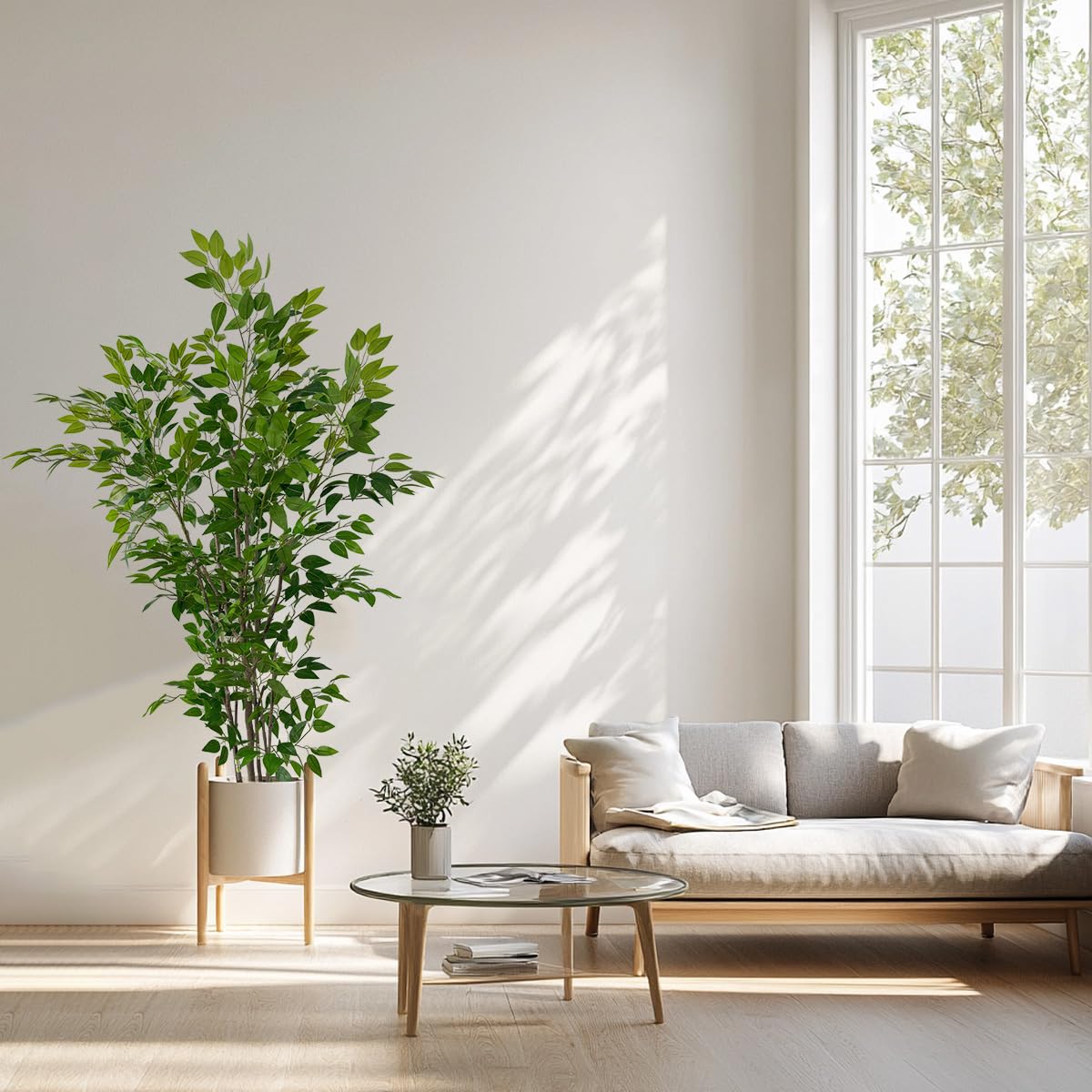 Artificial Ficus Tree with Green Leaves, 6 ft Tall, Indoor Plant with Decorative Beige Planter