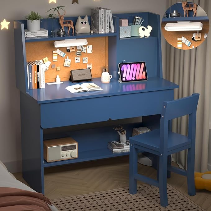 Desk and Chair Set for 5-12 Year Old,Kids Study Desk with 3-Color Lights,