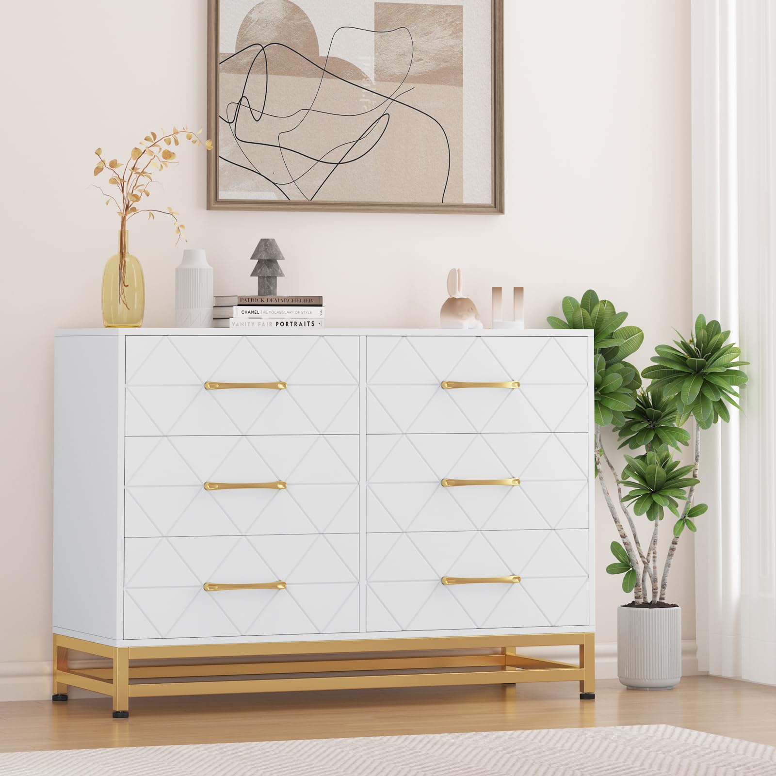 White Dresser for Bedroom with 6 Drawers, Wood Chest of Drawers