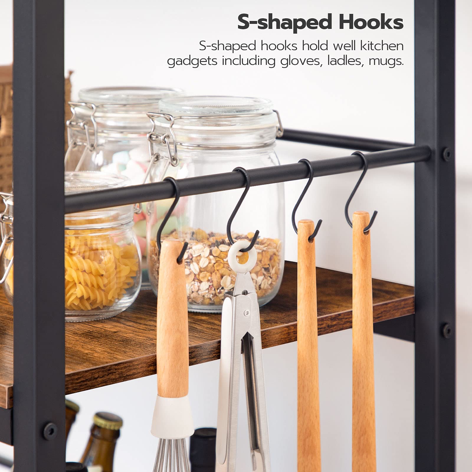 HOOBRO Kitchen Island with Storage,Industrial Kitchen Counter with Hooks and Side Enclosures, 3 Tier Kitchen Cart with Large Workstation, Saving Space, Easy Assembly, Rustic Brown and Black BF03ZD01