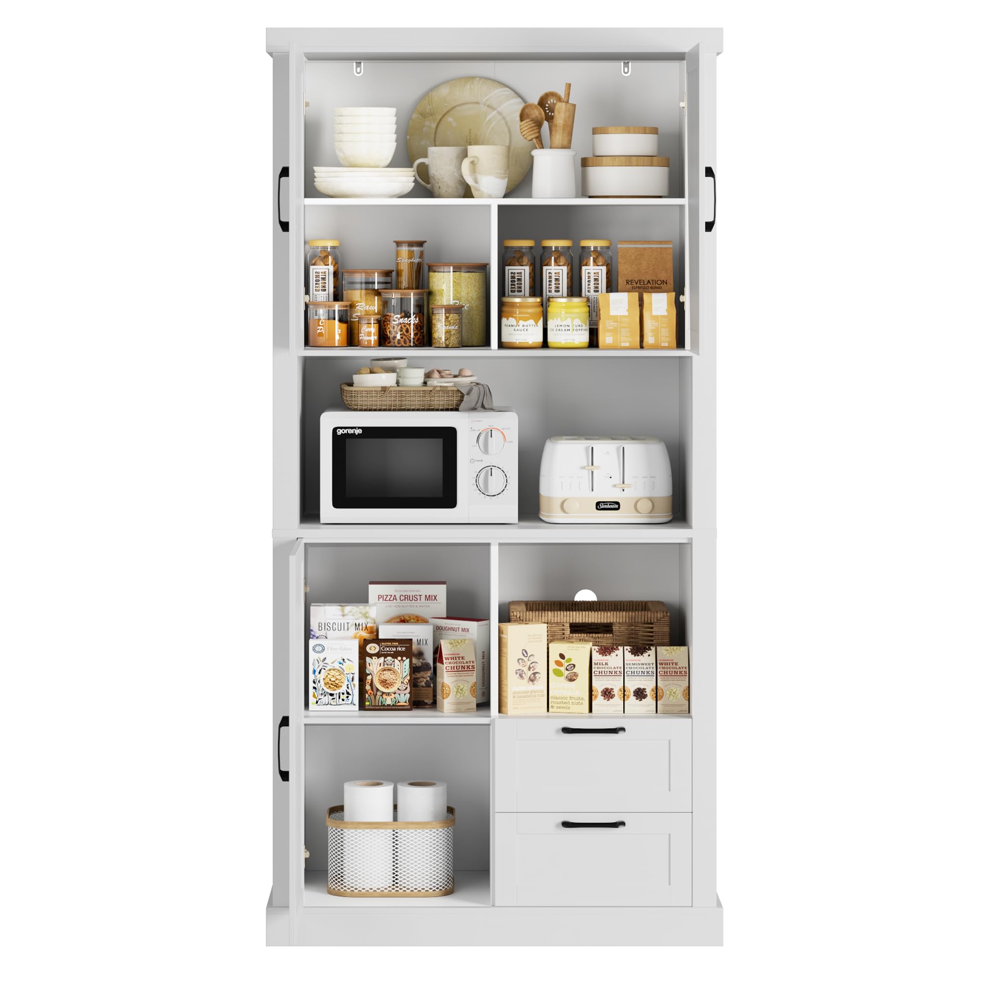 76" Tall Farmhouse Kitchen Pantry Cabinet, Kitchen Hutch Bar Cabinet with Drawers