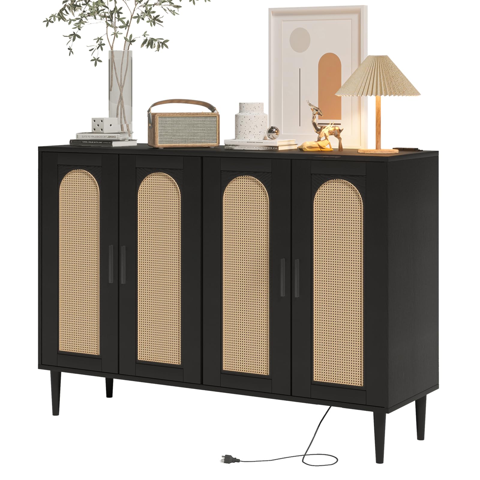Sideboard Buffet Cabinet, 4 Rattan Doors Accent Storage Cabinet