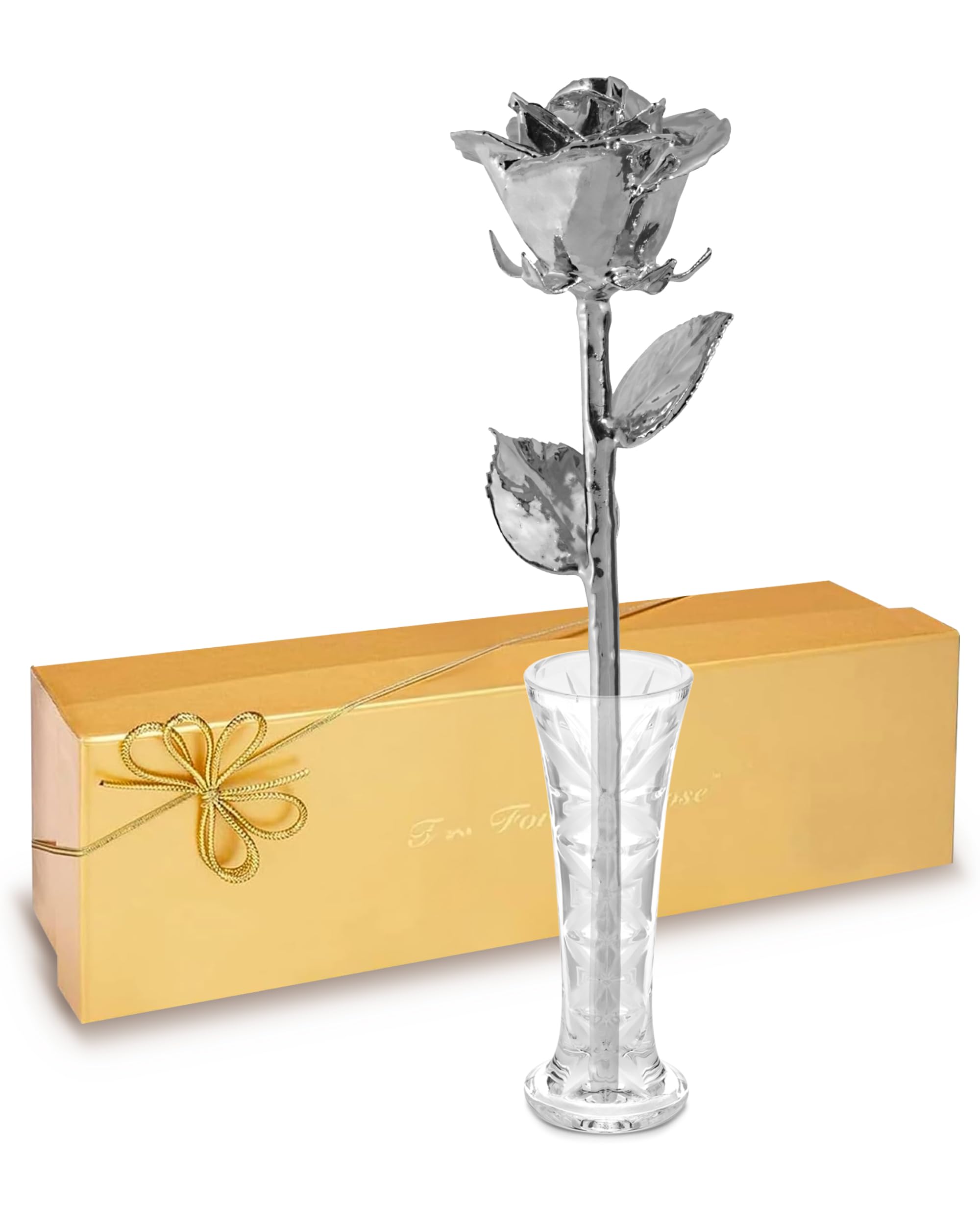 Real Rose Dipped in Platinum, Handcrafted Preserved Rose in Clear Glass Bud Vase