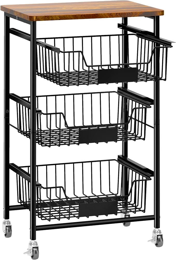 5-Tier Utility Kitchen Organizer and Storage Cart with Pull-Out Baskets and Wood Top