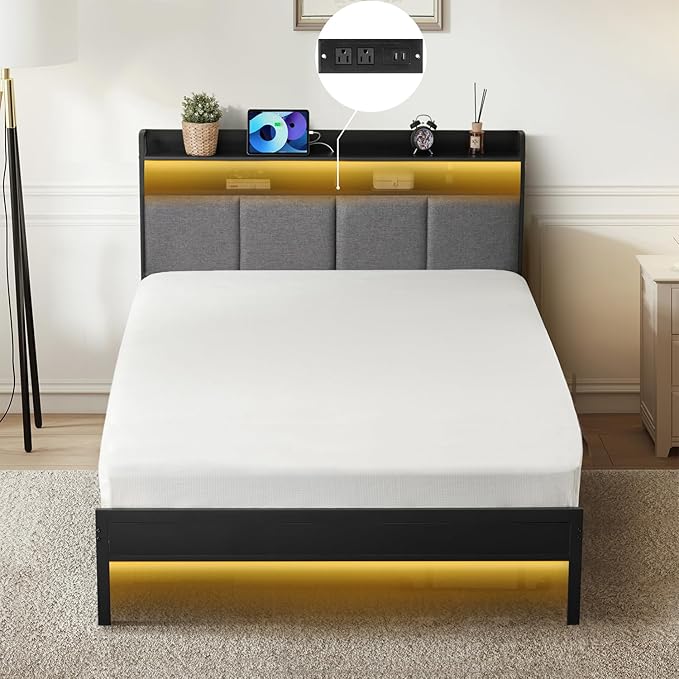 Twin Upgraded Bed Frame with Upholstered Headboard, Metal Platform Bed with 2-Tier