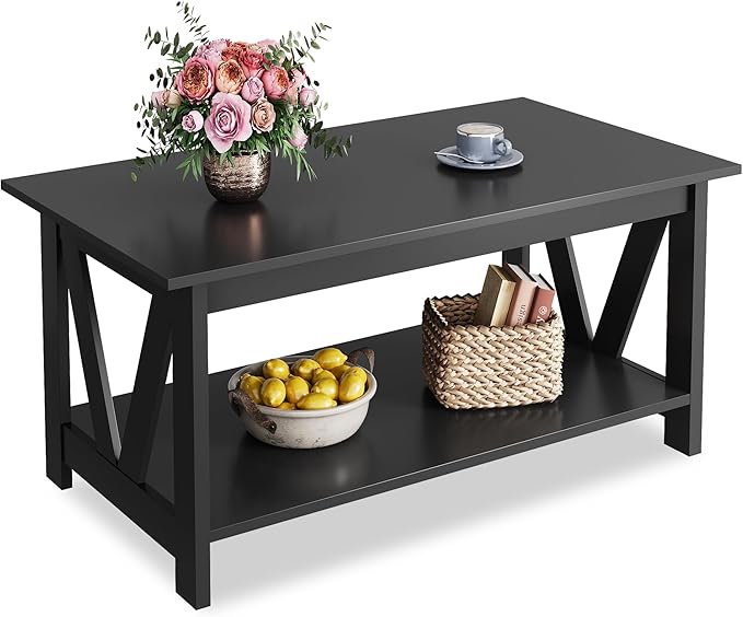 Coffee Table with Storage Shelf, 39.4" Farmhouse Coffee Table,living room
