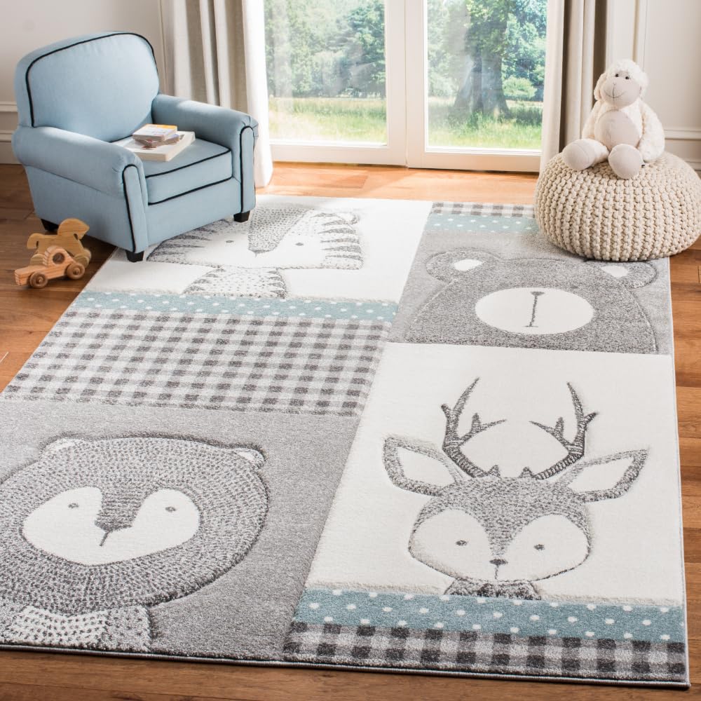 Carousel Kids Collection Area Rug - 5'3" x 7'6", Grey & Ivory, Animal Design