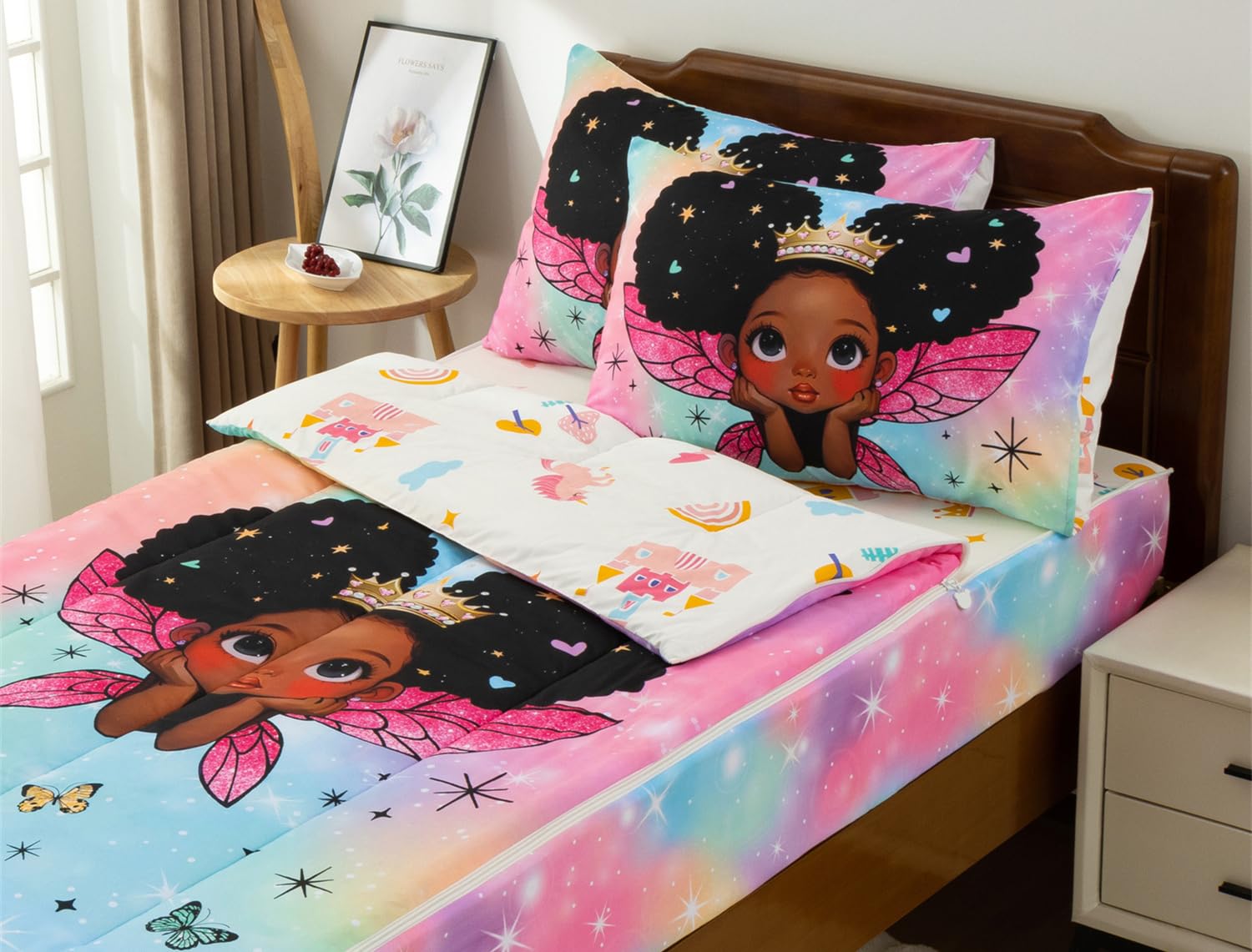 Bedding for Black Girl Princess with Wings Zippered Comforter Set,Pink Gradient