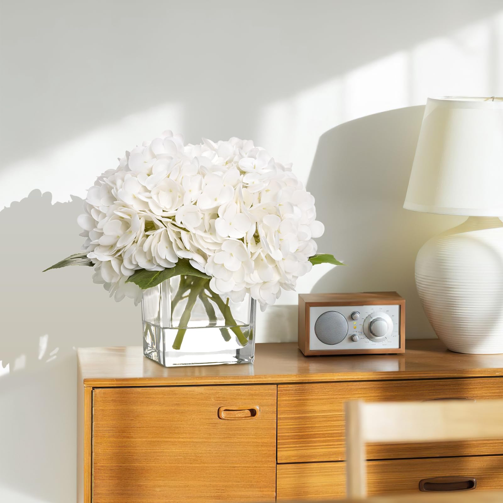 Luxury PU Fake Flowers in Vase with Faux Water, White Real Touch Hydrangea Artificial