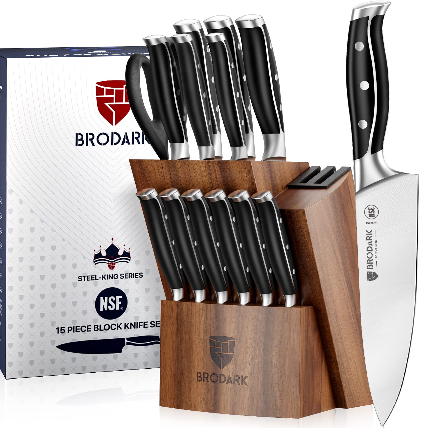 Kitchen Knife Set with Block, Full Tang 15 Pcs Professional Chef Knife Set
