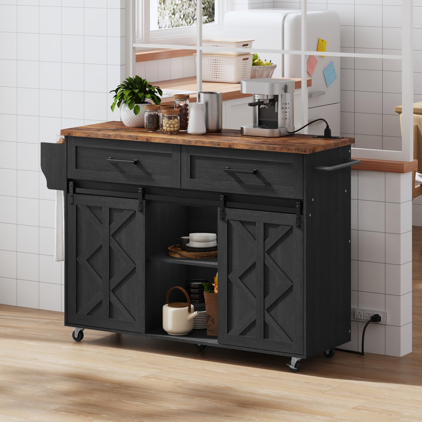 Kitchen Island with Storage, Power Outlet, Rolling Kitchen Island Cart on Wheels