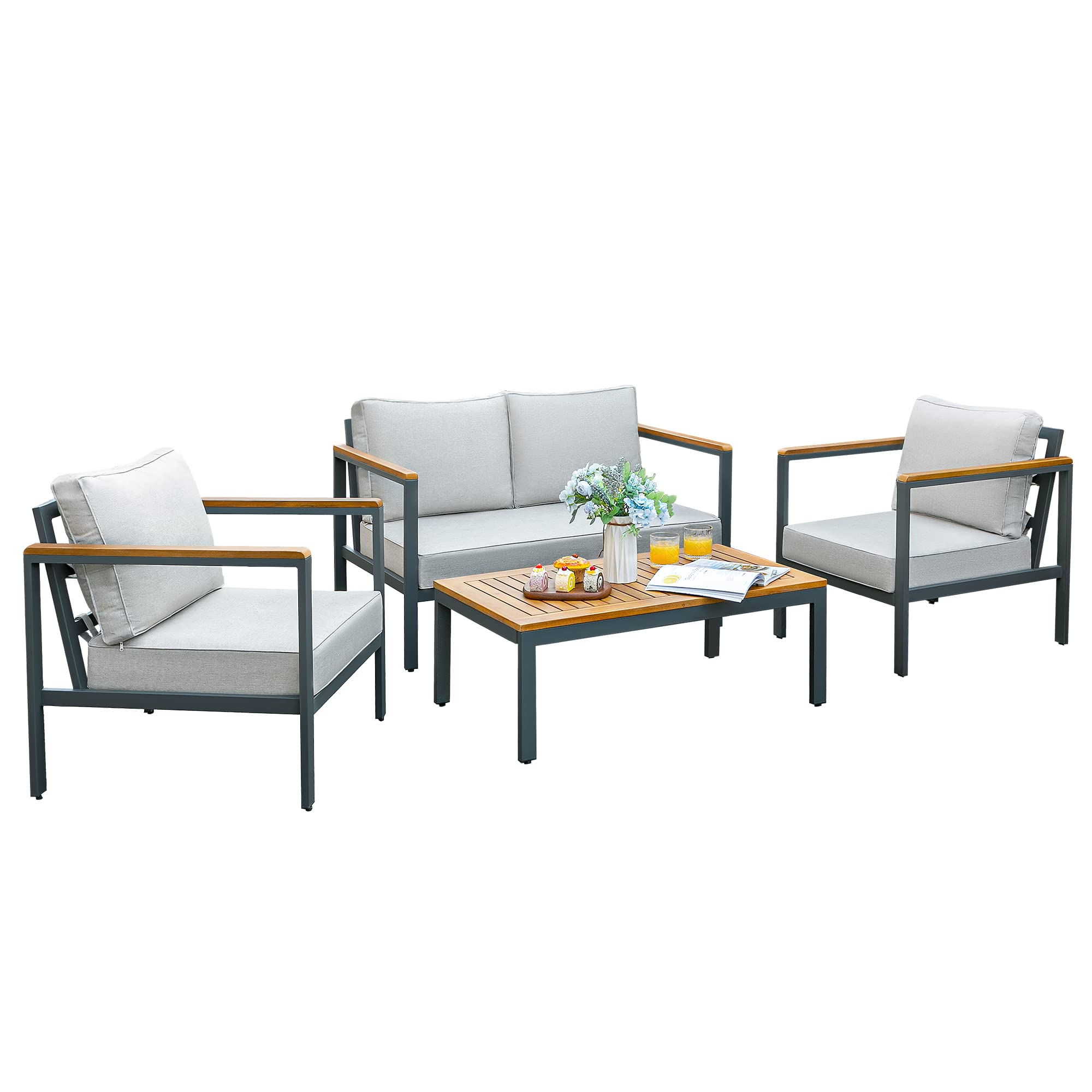 4 Pieces Patio Furniture Sets Outdoor Conversation Set Acacia Wood Sofa Set