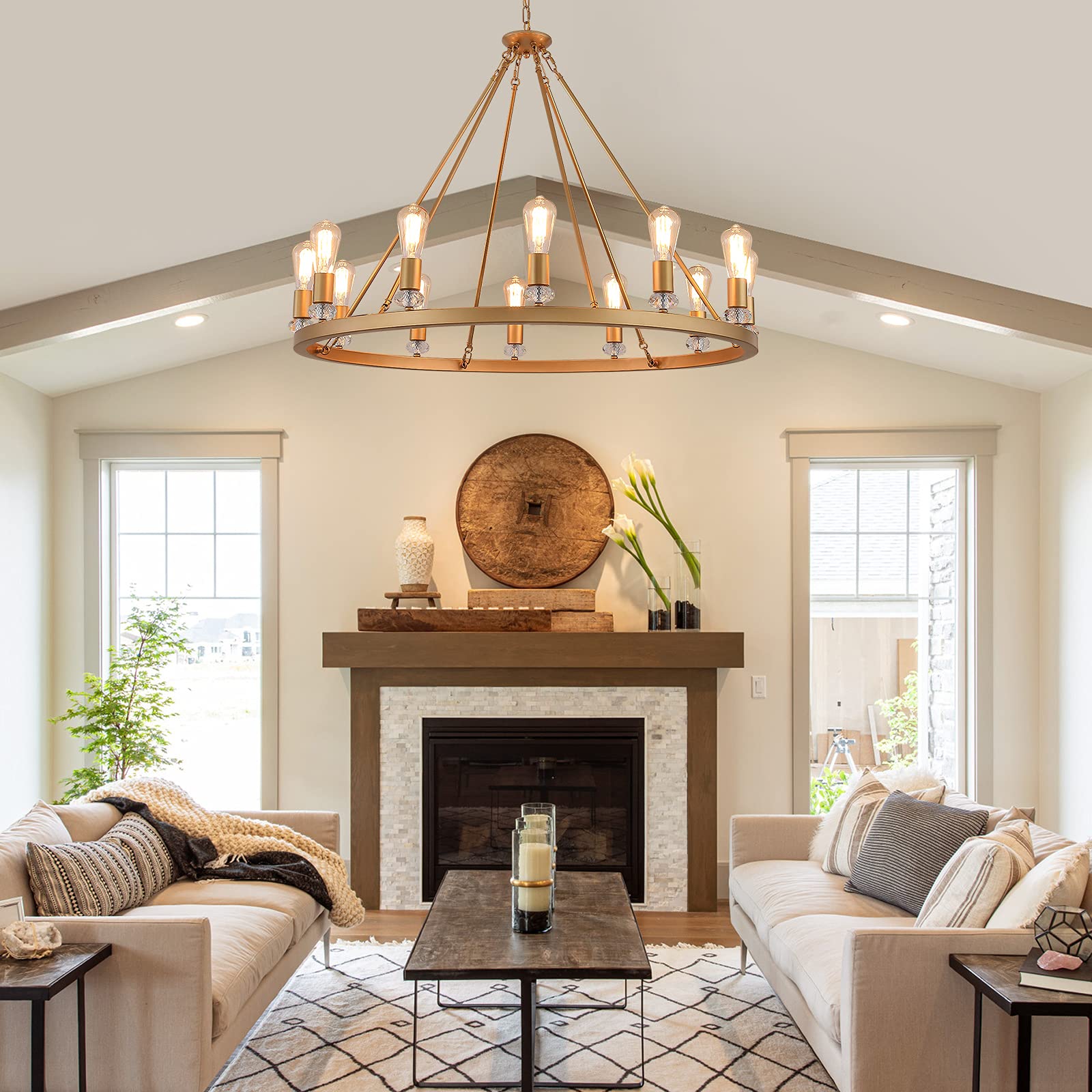 Large Modern Wagon Wheel Chandelier Gold Metal Round Luxury Industrial