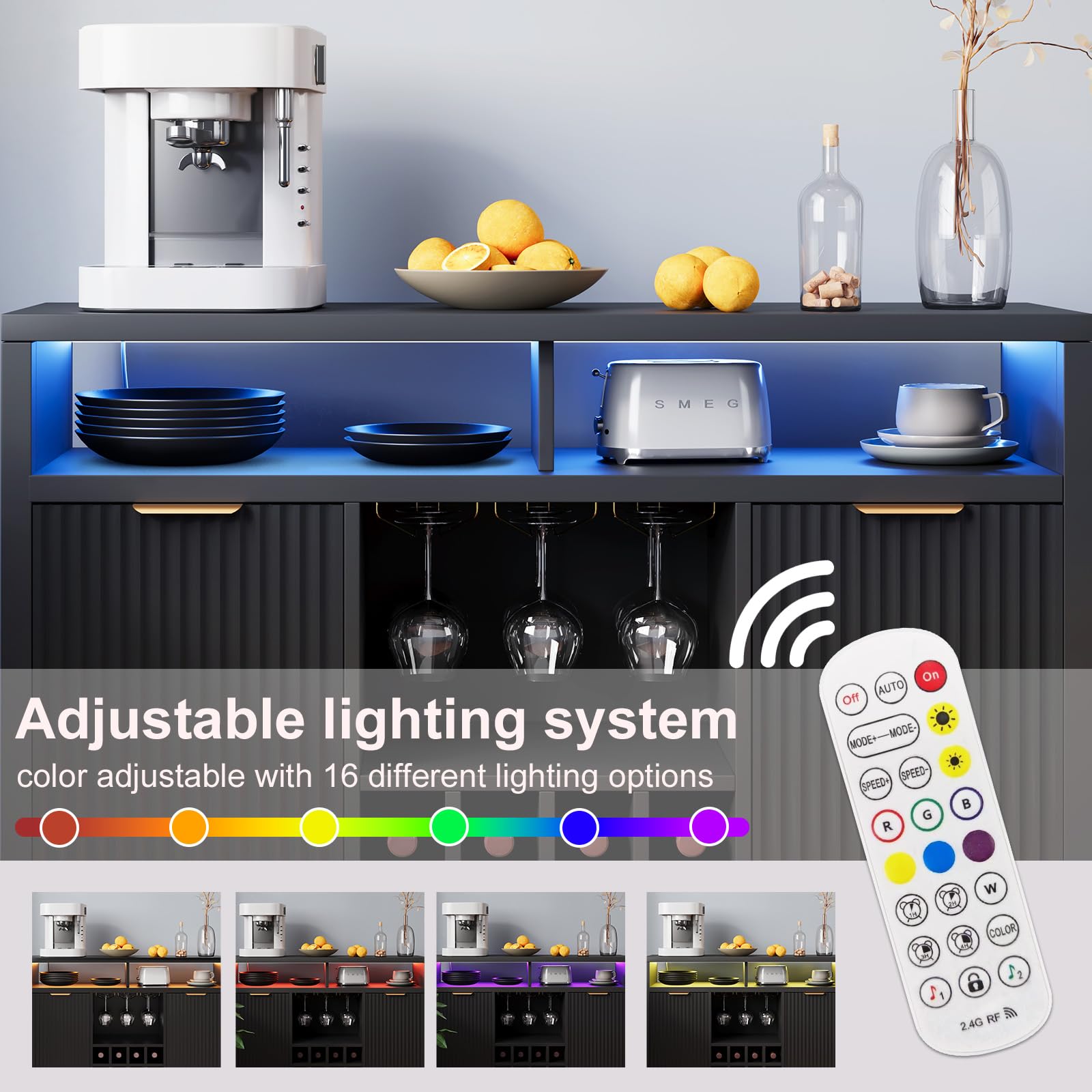 Fluted Home Bar Wine Cabinet with LED Light, Charging Station, Wine Rack - Buffet Cabinet with Storage, Coffee Bar Table, Stylish Fluted Credenza Cabinet for Modern Home Kitchen 47.2" Black