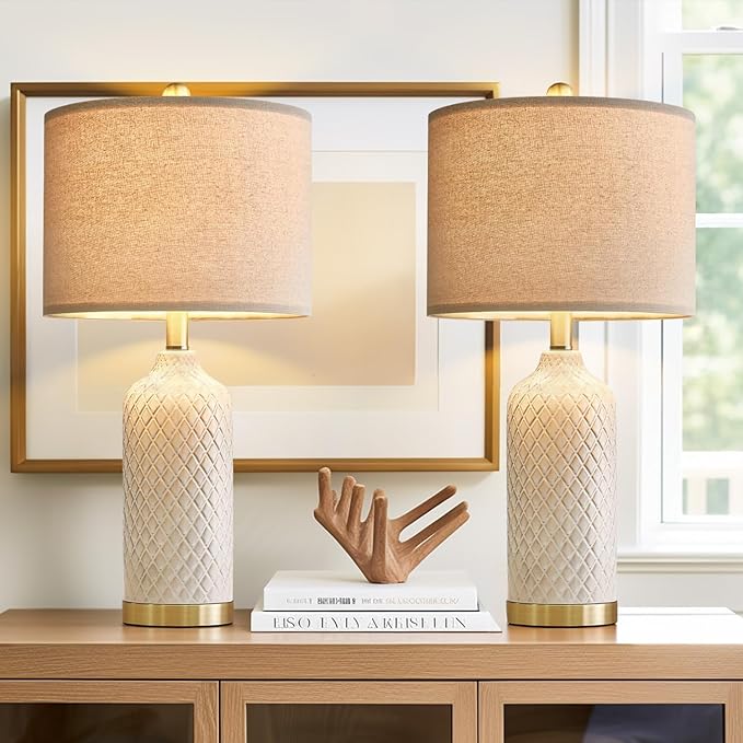 Modern Ceramic Blue Table Lamps Set of 2 for Living Room, Farmhouse