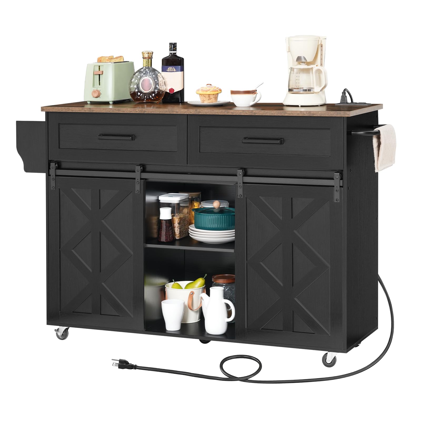 Kitchen Island with Storage, Power Outlet, Rolling Kitchen Island Cart on Wheels