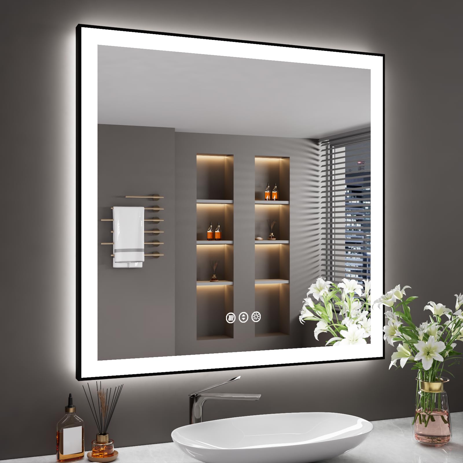 36x36 Inch LED Bathroom Mirror with Black Frame, Bathroom Vanity Mirrors