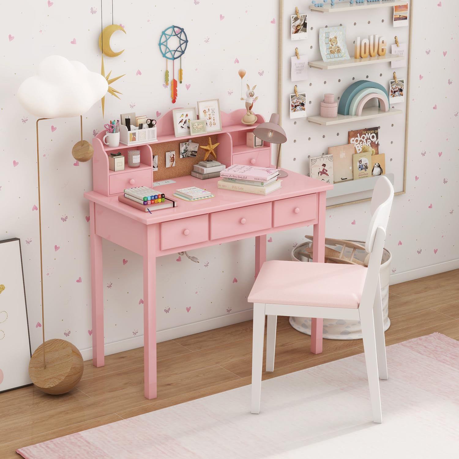 Pink Writing Desk with Hutch and Drawers, 36 Inch Home Office Desk with Charge