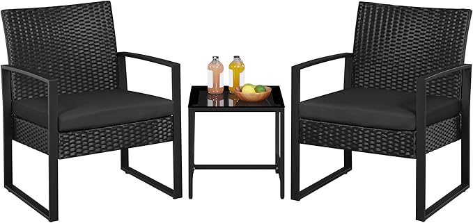 3 Pieces Rattan Bistro Set, Indoor/Outdoor Wicker Patio Modern Conversation Furniture