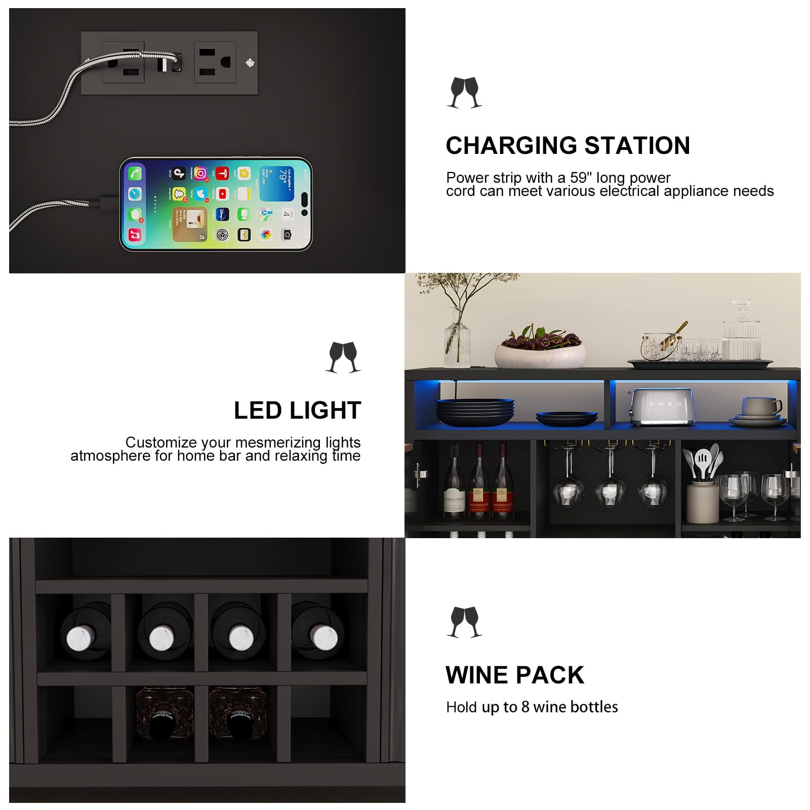 Fluted Home Bar Wine Cabinet with LED Light, Charging Station, Wine Rack - Buffet Cabinet with Storage, Coffee Bar Table, Stylish Fluted Credenza Cabinet for Modern Home Kitchen 47.2" Black