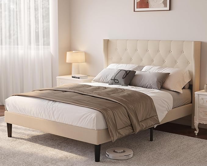 Queen Size Bed Frame with Headboard, Upholstered Bed Frame with Solid Wooden Slats