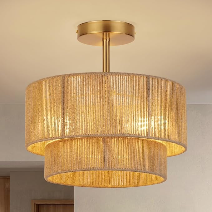 Ceiling Light,Boho Light Fixtures,3-Light Coastal Hemp Rope Ceiling Light Flush Mount