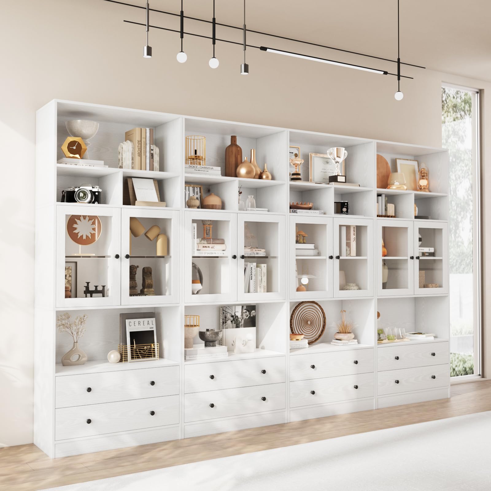 78.8" Classic Book Shelf with Drawers, White Pantries with Doors and Shelves