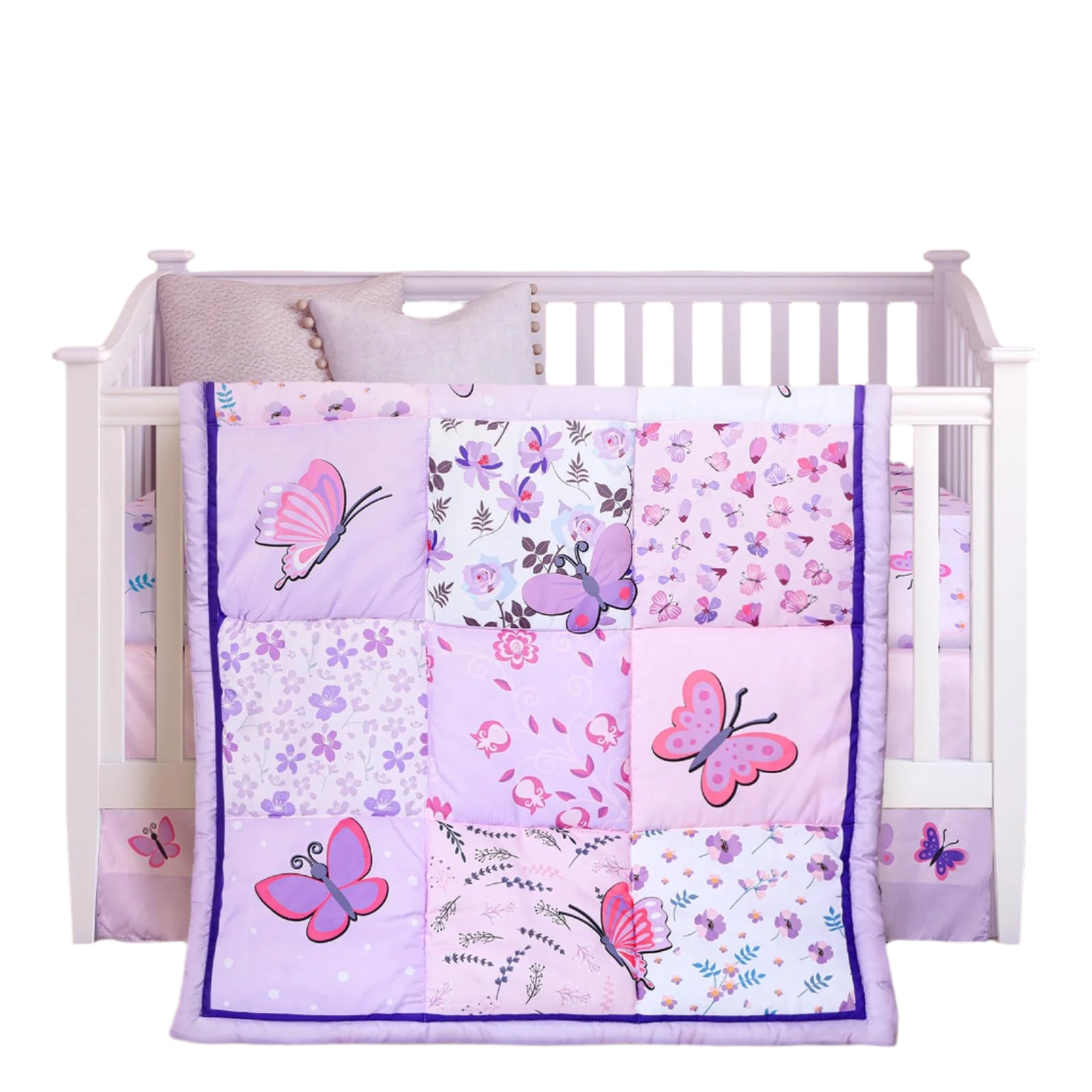 3 Pieces Butterfly Nursery Crib Bedding Set for Girls, Standard Size Bedding