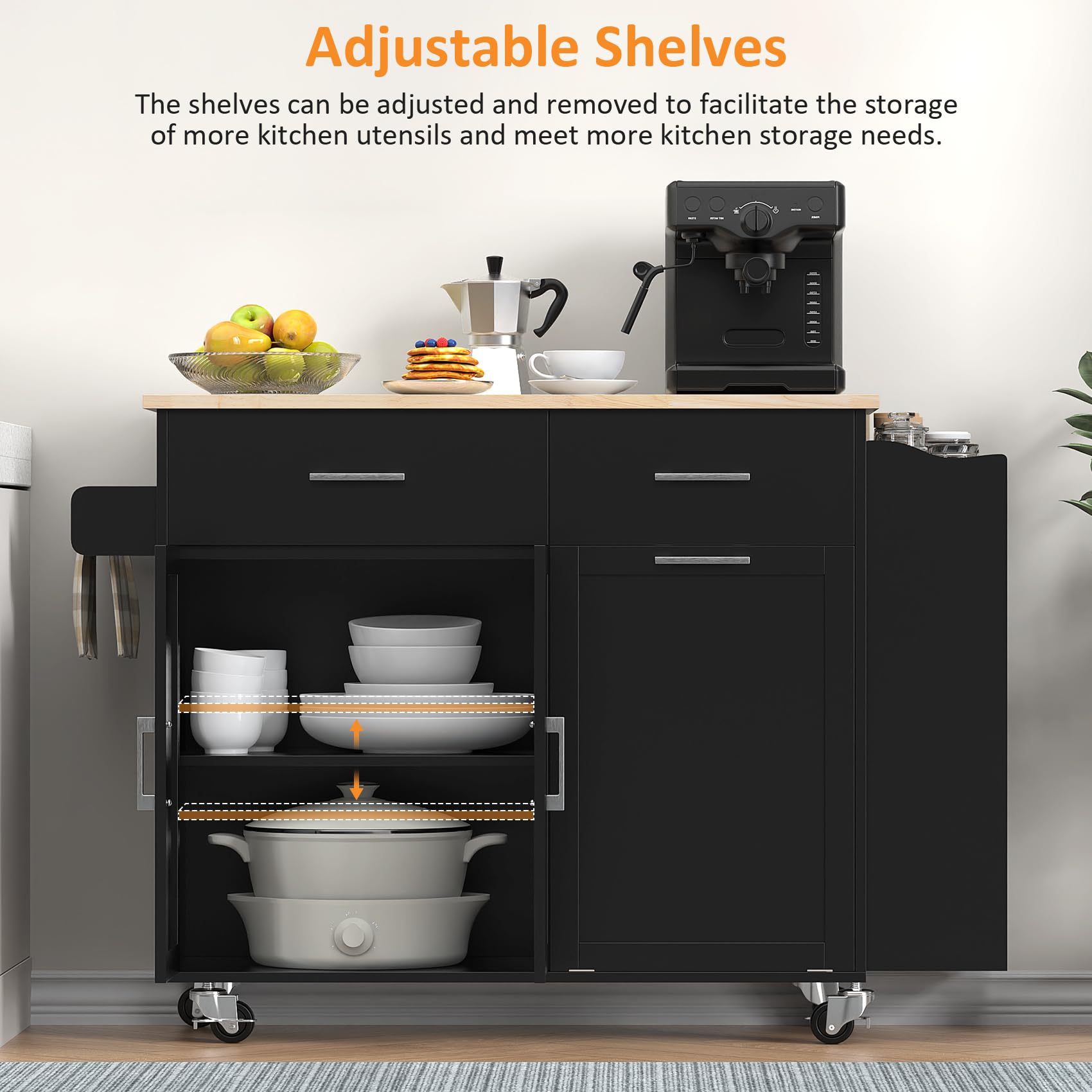 Bigbiglife Rolling Kitchen Island with 2 Drawers, Island Table for Kitchen with Drop Leaf, Kitchen Island Cart with Trash Storage Cabinet, Mobile Buffet Cabinet for Kitchen, Dining Room, Living Room