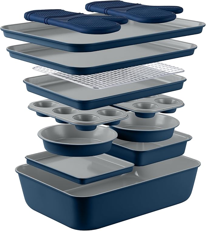 Nonstick Stackable Bakeware Set - Durable, Easy Release Baking Set, Cream
