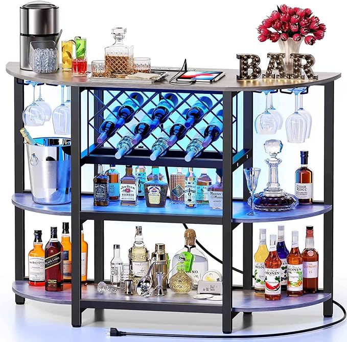 Bar Cart Bar Table with Power Outlet, LED Home Bar Cabinet for Liquor