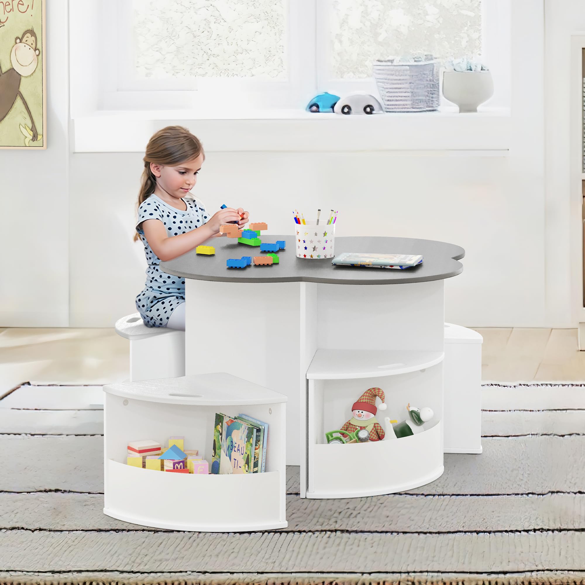 Toddler Table and Chair Set with 4 Storage Stools