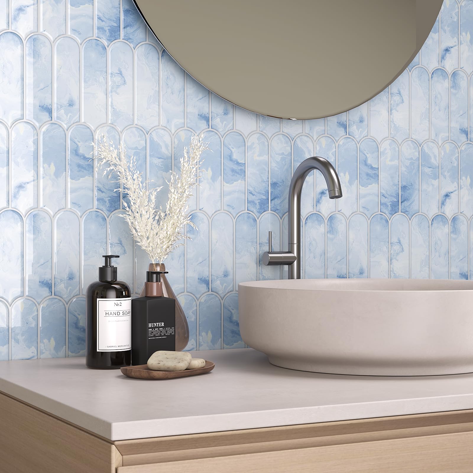 20 Sheets Cream Blue Backsplash Tile Peel and Stick Long Fish Scale Back Splash