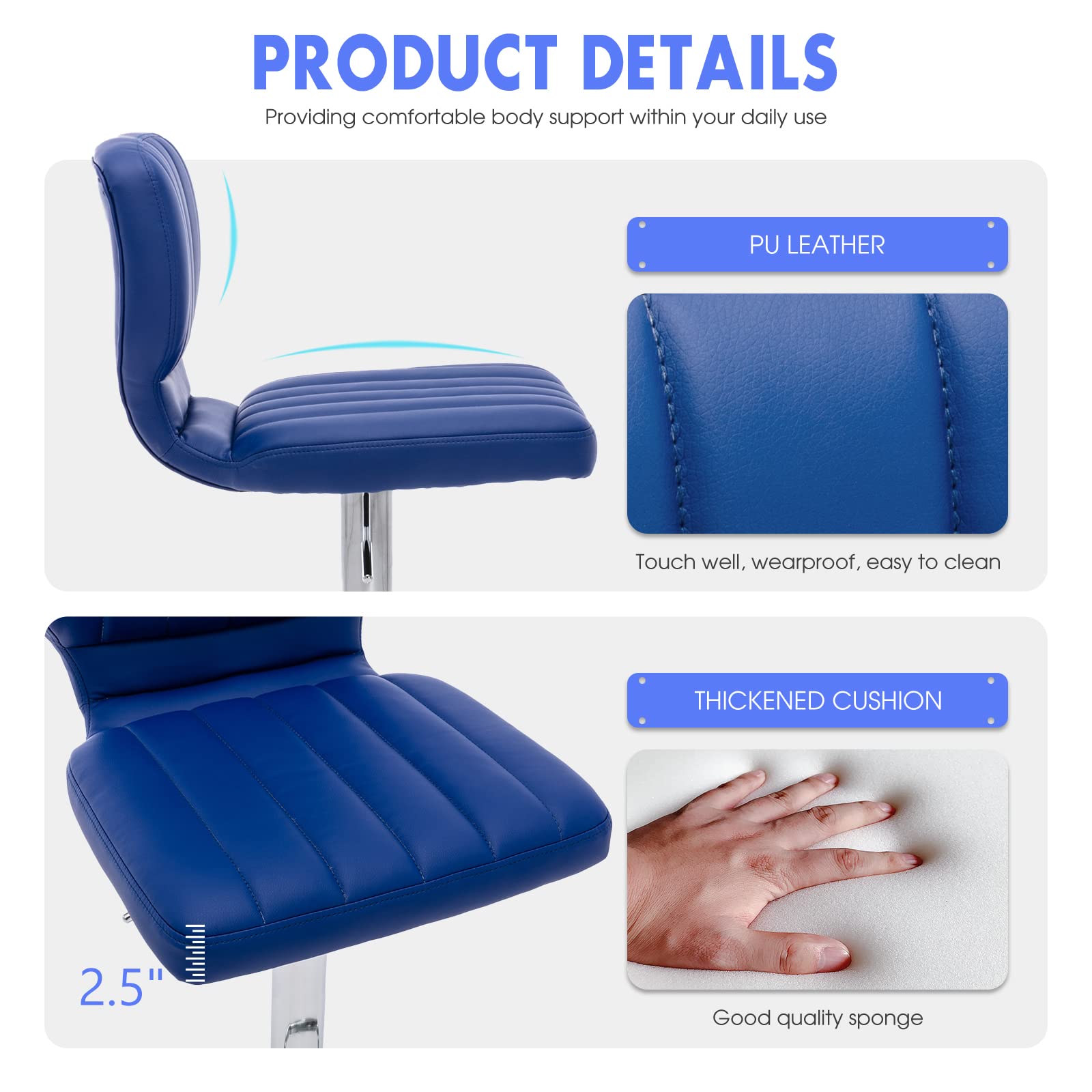 Brage Living Adjustable Bar Stools Set of 2, Modern PU Leather Swivel Barstools with Back, Armless Airlift Counter Height Bar Chairs for Kitchen Dining Pub Cafe (Blue)