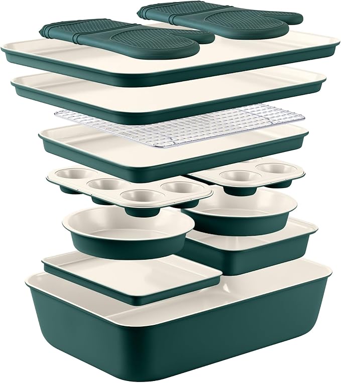 Nonstick Stackable Bakeware Set - Durable, Easy Release Baking Set, Cream