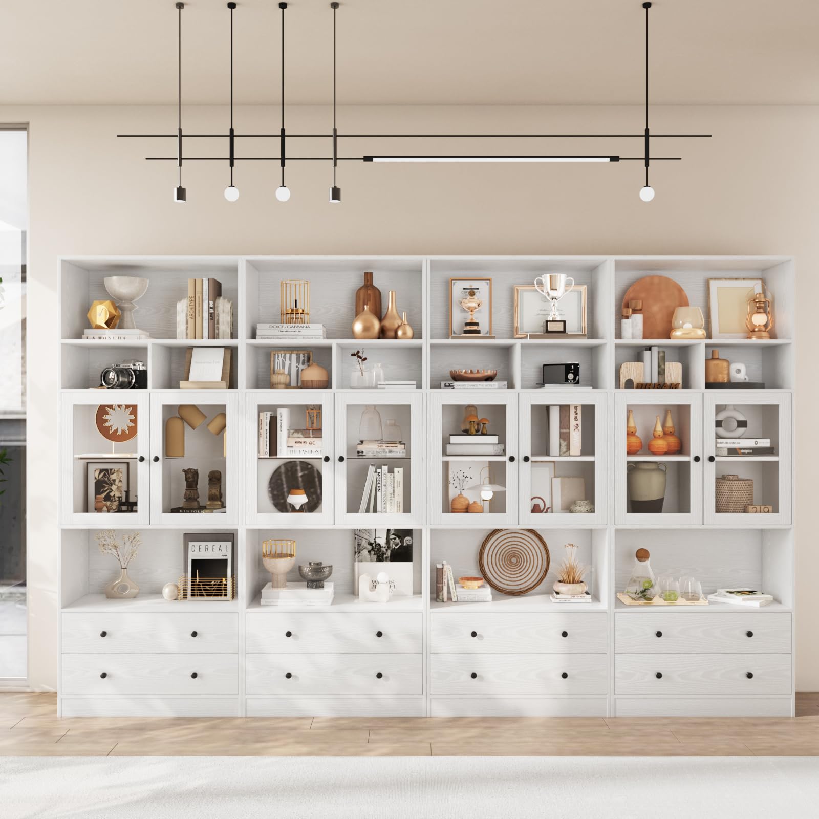 78.8" Classic Book Shelf with Drawers, White Pantries with Doors and Shelves