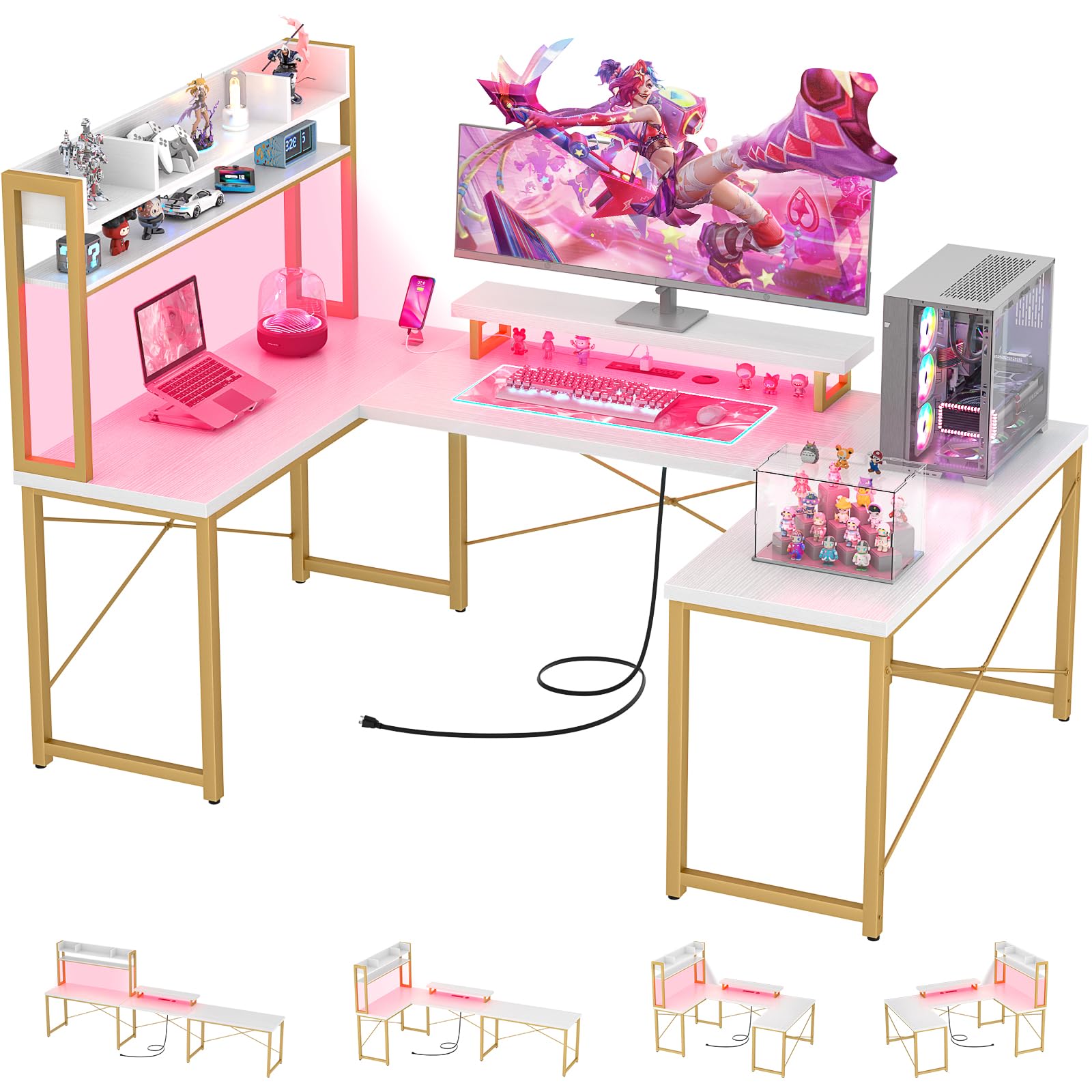 98" L Shaped Gaming Desk Reversible, U Shaped Desk with Storage Shelves