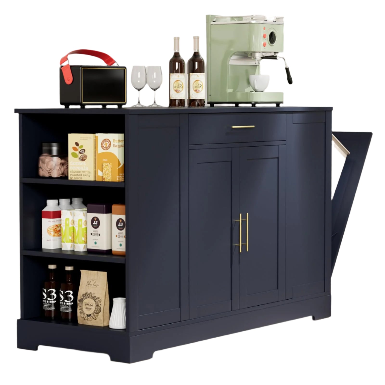 inch Large Kitchen Island with Tilt Out Trash Can Holder, Wooden Storage Pantry