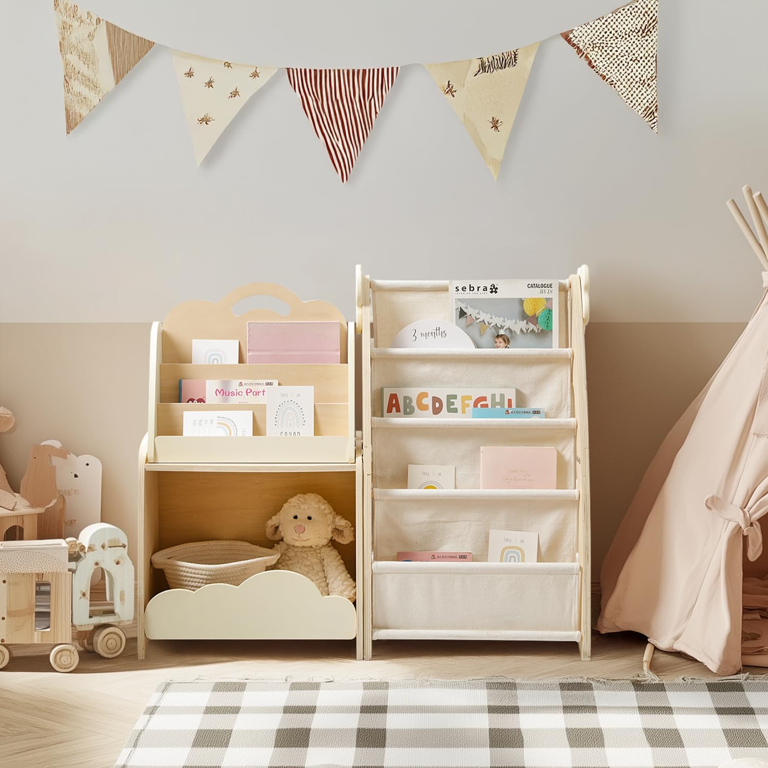 Kids Bookshelf with Storage, 3-Piece Modular Wooden Bookcase Organizer for Nursery