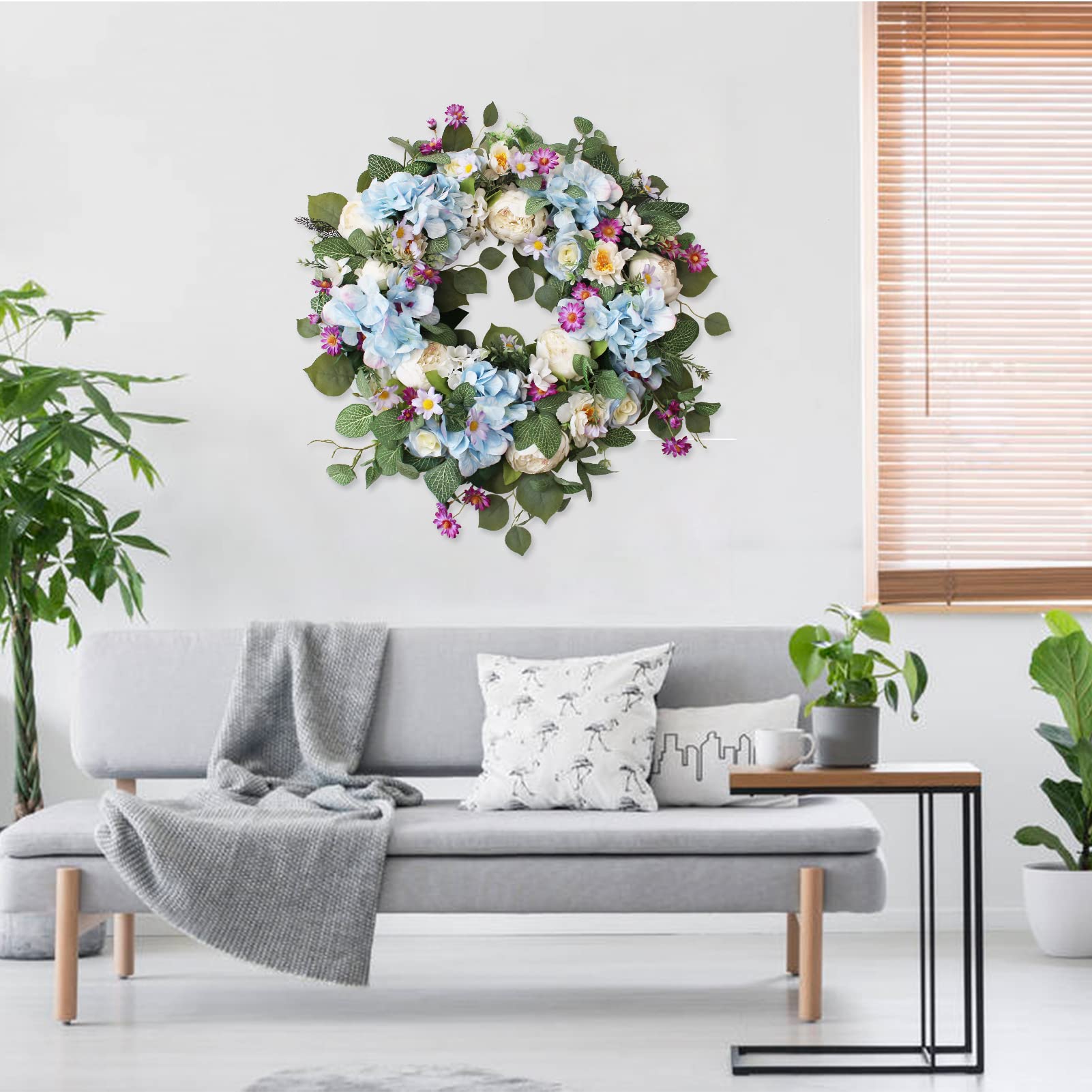 24 Inch Summer Wreaths for Front Door, Summer Wreath,Blue Hydrangea Wreath